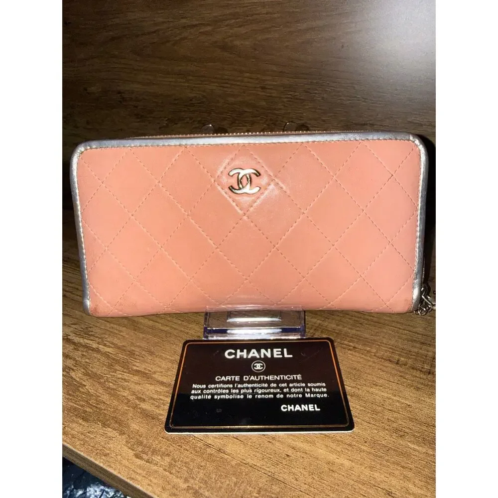 Chanel Quilted Zip Around Wallet – Pink Leather with Silver Hardware & Trim